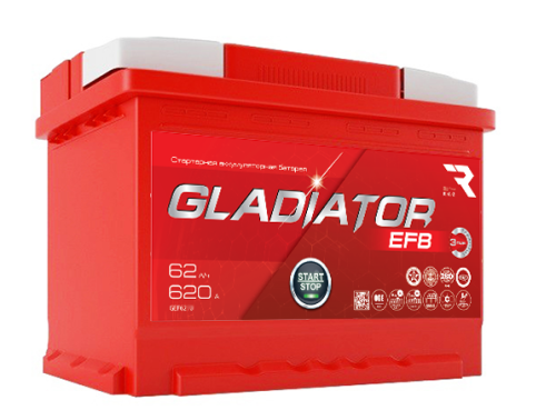 Аккумулятор GLADIATOR EFB 62Ah 620А (Start-Stop) об. пол (- +) 242х175х190