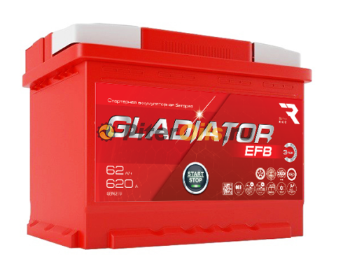 Аккумулятор GLADIATOR EFB 62Ah 620А (Start-Stop) пр. пол (+ -) 242х175х190
